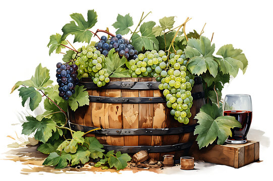 A painting of grapes in a basket and a bottle of wine on transparent background,AI generative.