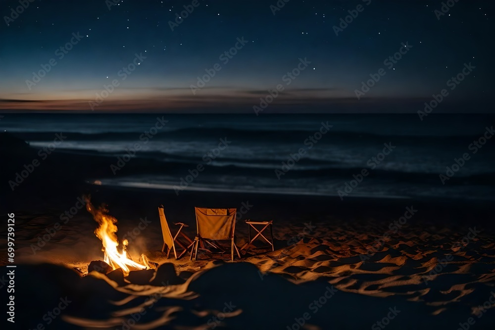 Poster fire on the beach, Campfire on the sandy beach at night. Tversted, Denmark. stock photo