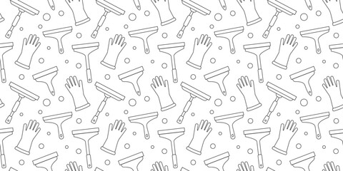 Seamless pattern with gloves and plastic handle window squeegee for cleaning window with bubbles on white background.Cartoon pattern of tools window cleaner housekeeping products in black and white.