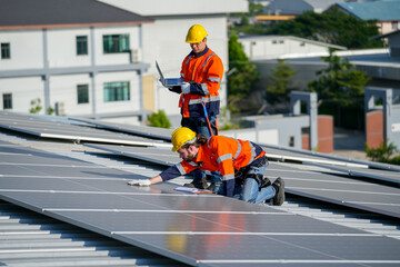 Close up one of technician worker touch to check and maintenance solar cell panels and other...