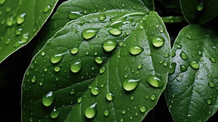 A close up of water droplets on leaves