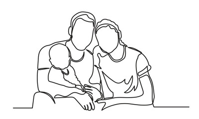 Happy Family single continuous line drawing of A happy family with one child. isolated on a white background. Vector illustration.
