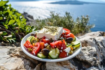 Greek salad with tomatoes, cucumbers, white feta cheese, olives and the sea in the background