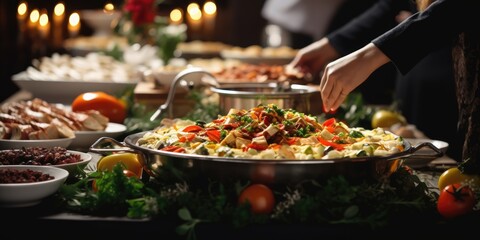 Obraz premium Catering buffet food on a long table in a hotel restaurant
