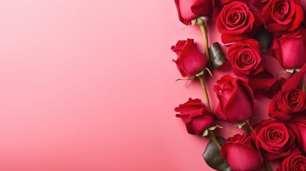 A group of red roses on a pink background