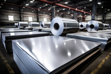 Rolls of galvanized steel sheet inside the factory or warehouse. Industrial production