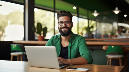 Cheerful man with a beard and glasses working on a laptop at a wooden desk