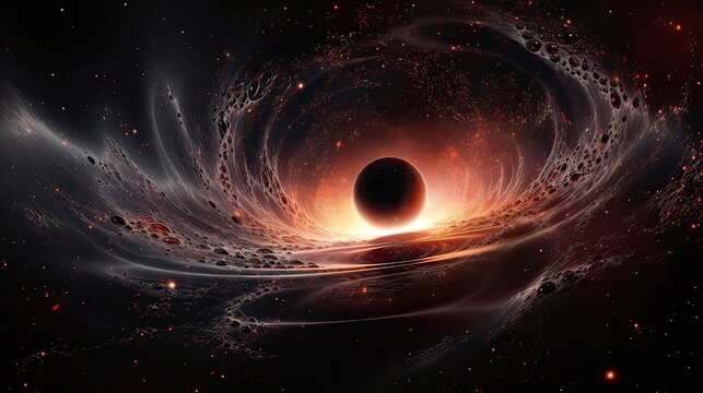 Experience the captivating force of a black hole's shimmering gravity. Gravitational allure, cosmic distortion, celestial fascination, space-time warp. Generated by AI.