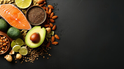 Obraz na płótnie Canvas Healthy eating concept, Keto diet - salmon, avocado, eggs, nuts and seeds, dark background, top view, copy space, Healthy lifestyle, Banner