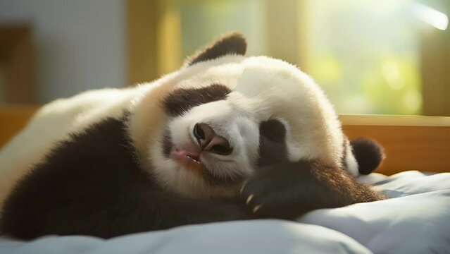 Cute happy panda, sleeping in a white bed in the morning light, in front of the window