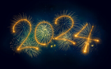 Golden firework and sparkling number 2024 on night blue sky background. Happy New Year 2024 concept.