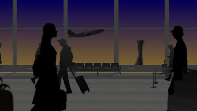 In the frame of the airport with a waiting room. People in slow mo, silhouette they go in different directions holding luggage. In the background of the sunset and take off runway with planes