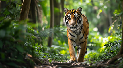 Capturing the Grace of the Wild: Majestic Tiger Strolling Through the Forest, Powerful Paws and Confident Stare Showcasing its Natural Splendor in the Wild Habitat