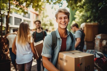 Smiling group of young students moving into college dorm - obrazy, fototapety, plakaty