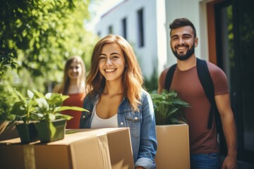 Smiling group of young students moving into college dorm