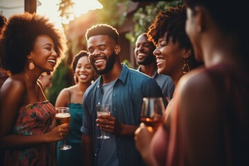 Smiling group of young African American people drinking together - obrazy, fototapety, plakaty