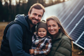 Obraz premium Portrait of a happy young family next to solar panels