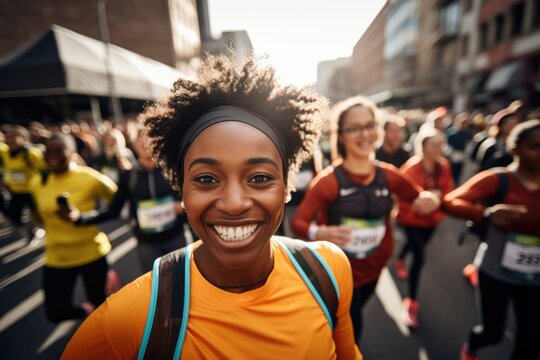 Smiling young woman taking selfie during city marathon