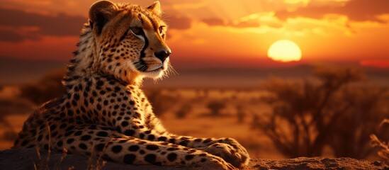 Cheetah gazes back in savanna sunset, mouth agape. Safari, nature, observing.