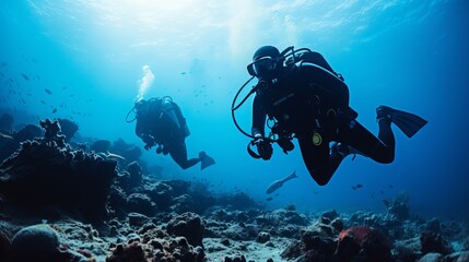 Fototapeta na wymiar Underwater scene showing coral reef restoration, divers planting corals, colorful marine life, 8K