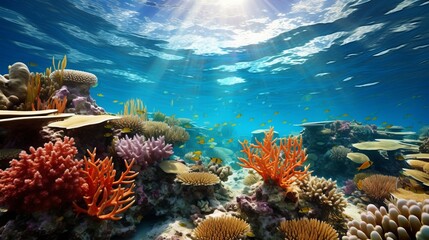 Fototapeta na wymiar Underwater scene showing coral reef restoration, divers planting corals, colorful marine life, 8K