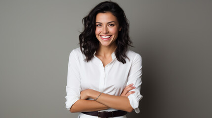Studio portrait of a woman with dark hair wearing a white blouse, her arms crossed, looking directly at the camera with a slight smile and a confident, approachable expression.