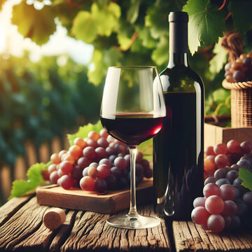 Food and drink background with red wine, fresh grapes and wine bottle. AI Generated.