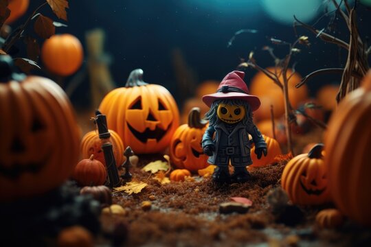 Halloween Enchantment: Cute Toy Jack and Pumpkins. Halloween concept small toy scene with macro photo miniature of a tiny Halloween cute toy Jack and pumpkins.