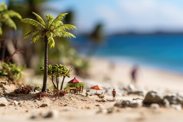 Fototapeta na wymiar Vacation Oasis: Miniature Beach Spot with a Palm Tree. Beach concept small toy scene with macro photo miniature of a tiny vacation spot on the beach with a palm tree