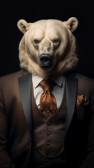 Obraz premium White bear dressed in an elegant suit, standing as a confident leader and a powerful businessman. Fashion portrait of an anthropomorphic animal posing with a charismatic human attitude