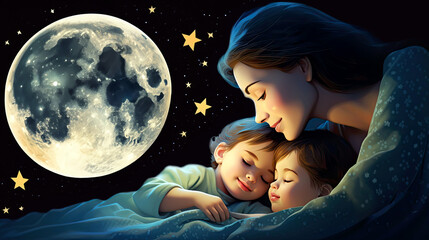 Mother wishing good night to her children. Moon and stars on the background