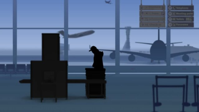 Theres an airport with a waiting room. The woman in the silhouette puts his belongings on the X ray tape of the scanner, which interferes with passage, she takes off the belt and passes on