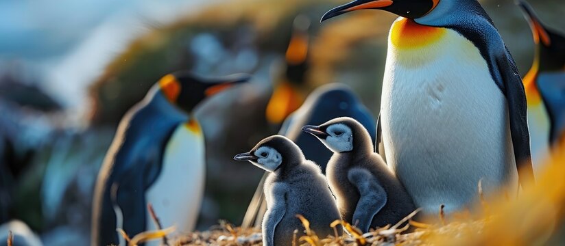 King penguin nurturing offspring in Patagonia.