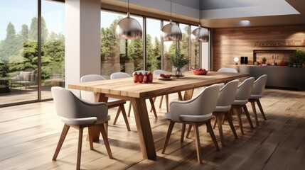 Fototapeta na wymiar Wooden setted dining table and chairs in scandinavian interior design of modern dining room with window.