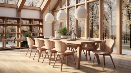Fototapeta na wymiar Wooden setted dining table and chairs in scandinavian interior design of modern dining room with window.