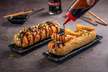 Fried Sushi Roll Brazilian style. Sushi dog.