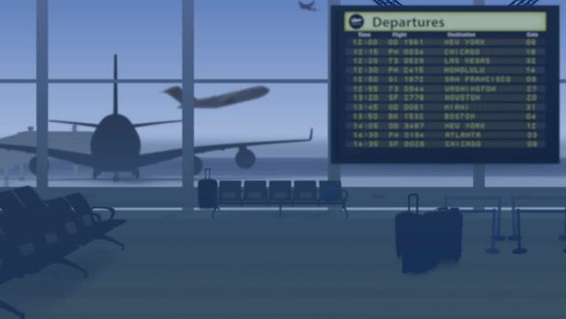 The frame shows an empty airport in the general background, a waiting room without people outside the windows of which planes that take off on the runway and transportation. Animation with graphics