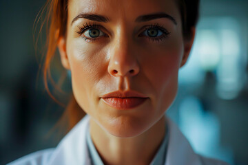 Close-up of a focused female doctor in a clinic.
 - obrazy, fototapety, plakaty