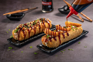 Fried Sushi Roll Brazilian style. Sushi dog.