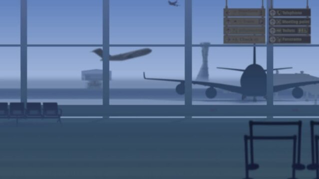The frame shows an empty airport in the general background, a waiting room without people outside the windows of which planes that take off on the runway and transportation. Animation with graphics