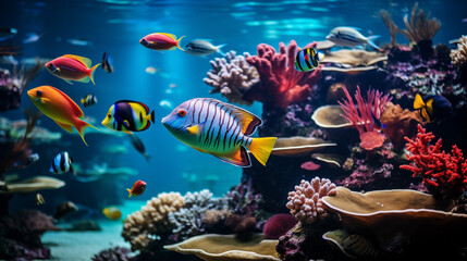 Captivating Image of Coral Reef's Underwater World, Showcasing Colorful Corals and a Diverse Array of Brightly Colored Fish