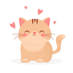 Cute cat with hearts isolated on white background. Hand drawn vector little kitty in colored flat style. Beautiful animal character with eyes closed. Children's Small lovely cartoon character. Vector 