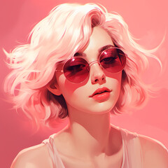 Stylish blonde with short hair and sunglasses. Pink aesthetics. Generative AI