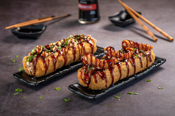 Fried Sushi Roll Brazilian style. Sushi dog.