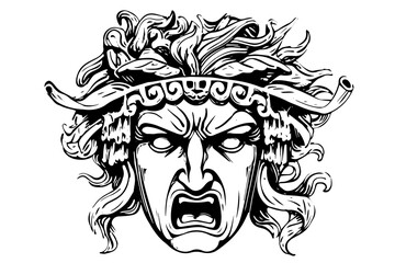 Angry hermes head hand drawn ink sketch. Engraved style vector illustration - obrazy, fototapety, plakaty