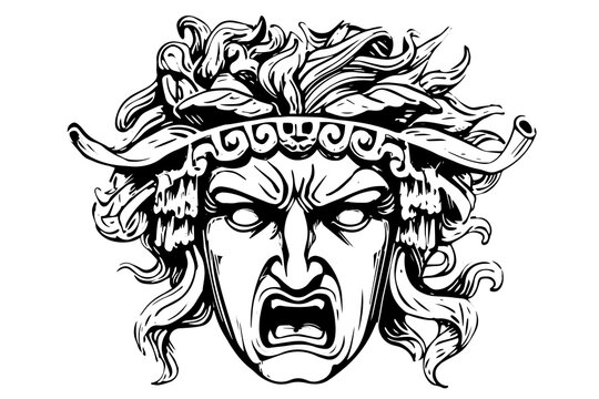 Angry hermes head hand drawn ink sketch. Engraved style vector illustration