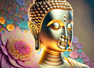 Golden Asian Buddha with Paper Art Flowers in the background, friendly face