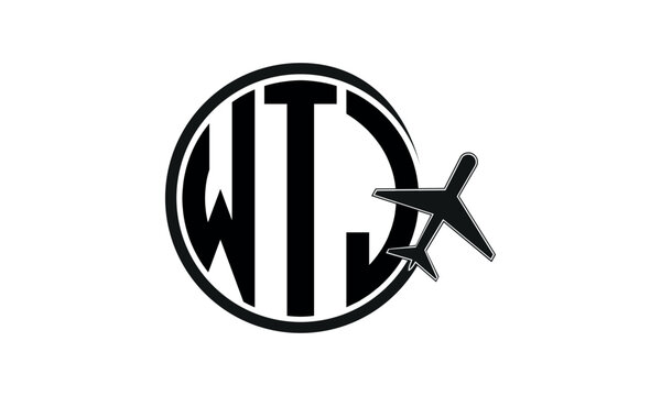 WTJ three initial letter circle tour & travel agency logo design vector template. hajj umrah agency, abstract, wordmark, business, monogram, minimalist, brand, company, flat, tourism agency, tourist