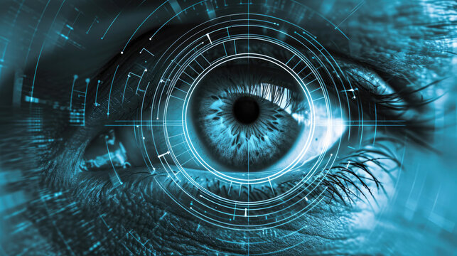 Human eye close-up with introduction of electronic elements, electronic vision high definition vision