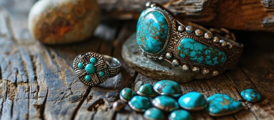 Display of vintage Southwestern jewelry featuring a chunky turquoise cuff bracelet and an old cluster turquoise ring. - obrazy, fototapety, plakaty